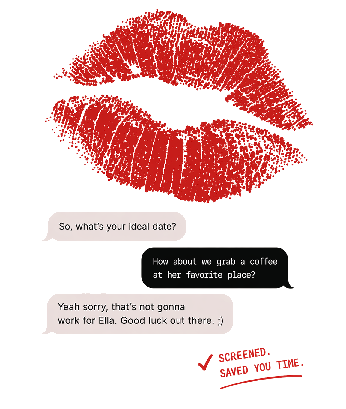 Flirtkeeper screening illustration with lips and chat bubbles